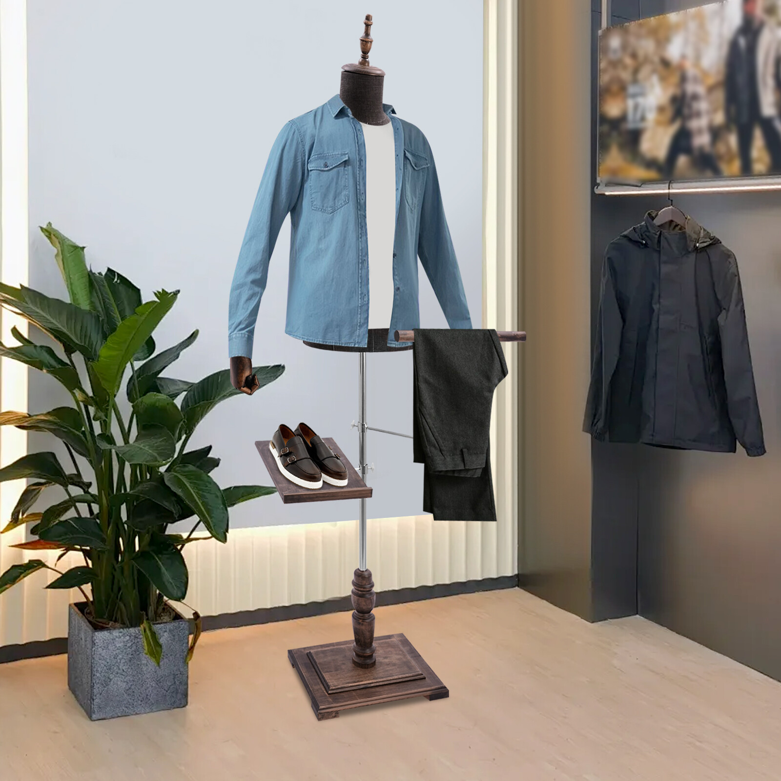 Men Shoes Rack - 男性マネキン、腕付き、パンツラックと靴スタンド付き、リネンカバーのドレスフォーム、木製/台座付き、衣料品店、仕立て屋、展示用
