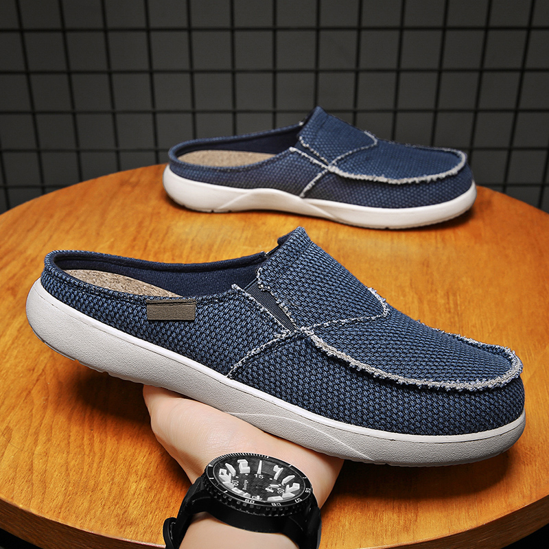 Men Shoes Xxl - メンズキャンバススリッポンハーフシューズ、ミュールカジュアルスリッパ、スライド、室内履き、ホーム、メンズ、夏、通気性、軽量、大きいサイズ47 48