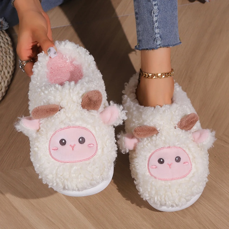 Men Shoes Winter - 冬素敵な小さな羊のスリッパ女性男性用かわいい子羊ぬいぐるみホームサンダルカップルファッション刺繍ソフトコットンスライド