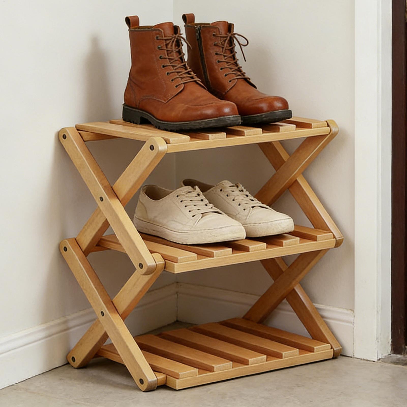 木製靴ラック 3段式 拡張可能 調節可能 折りたたみ式オーガ - Men Shoes Rack のレビューと価格